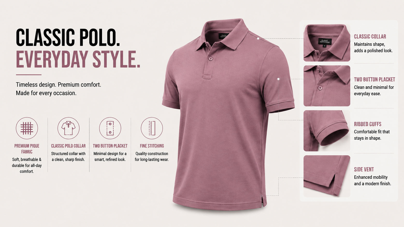 The Muted Heather Tailored Fit Mauve Polo T-Shirt
